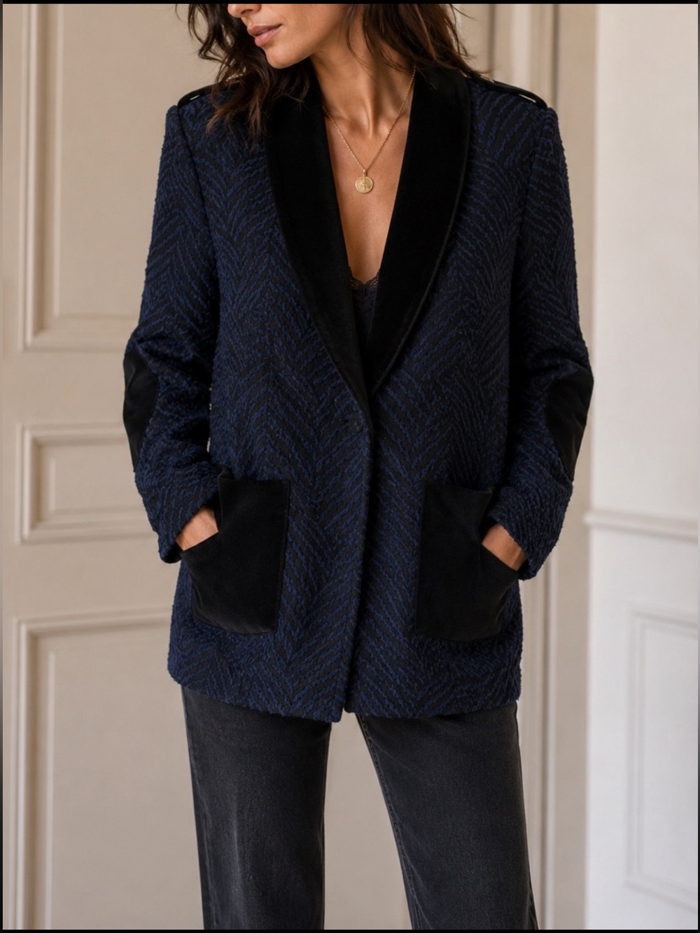 Sézane blazer Textured Jacquard Black Navy Shawl Collar Elbow Patch Jacket Small